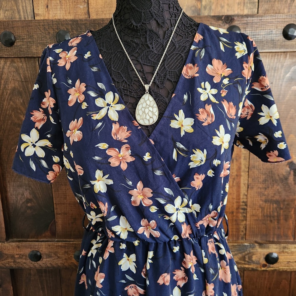 Perout Navy Blue Floral Wrap V-Neck Midi Dress Short‎ Sleeve Size Large US 8/10